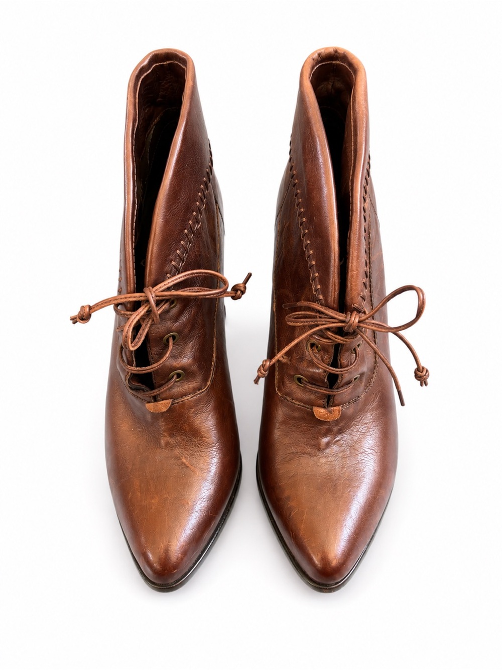B. Makowsky Brown Leather Lace Up Ankle Booties Women’s 6.5 Pointed Toe Heels
